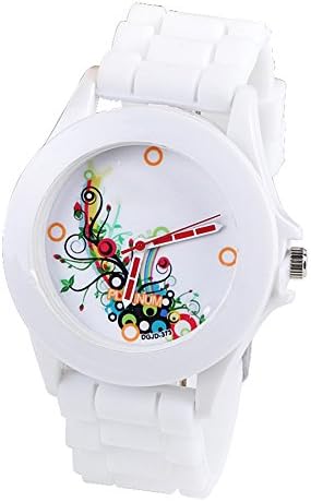 SODIAL Reloj de pulsera de banda de silicona Blanco Flores Impresos (Tipo 4)