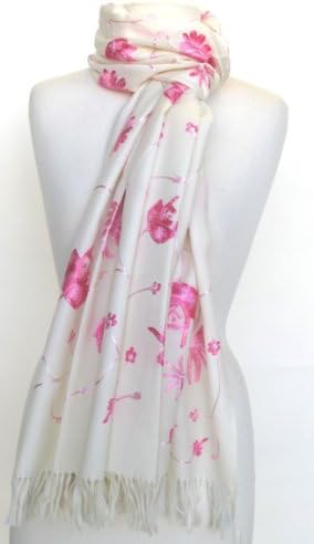 "Fiesta" Crewel Embroidered Floral Wool Shawl Scarf Stole Wrap Ivory Pink