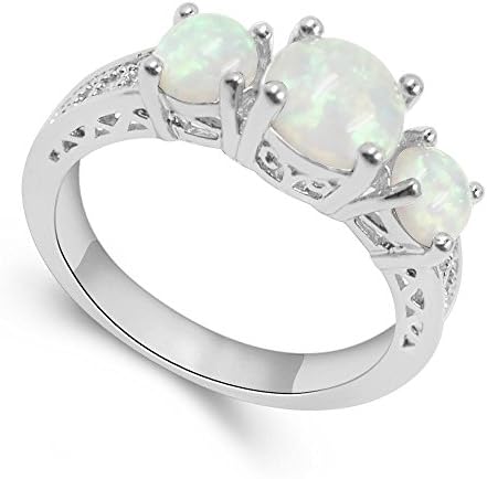 Promise Ring Oval Created Fire Opal Silver Engagement Ring 3 Lab Stone Simulated