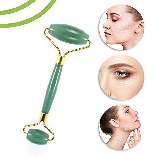 Jade Roller for Face- Real 100% Jade- Face Roller for Wrinkles, Anti Aging- Authentic, Durable, Natural, No Squeaks- Bonus Mask Brush