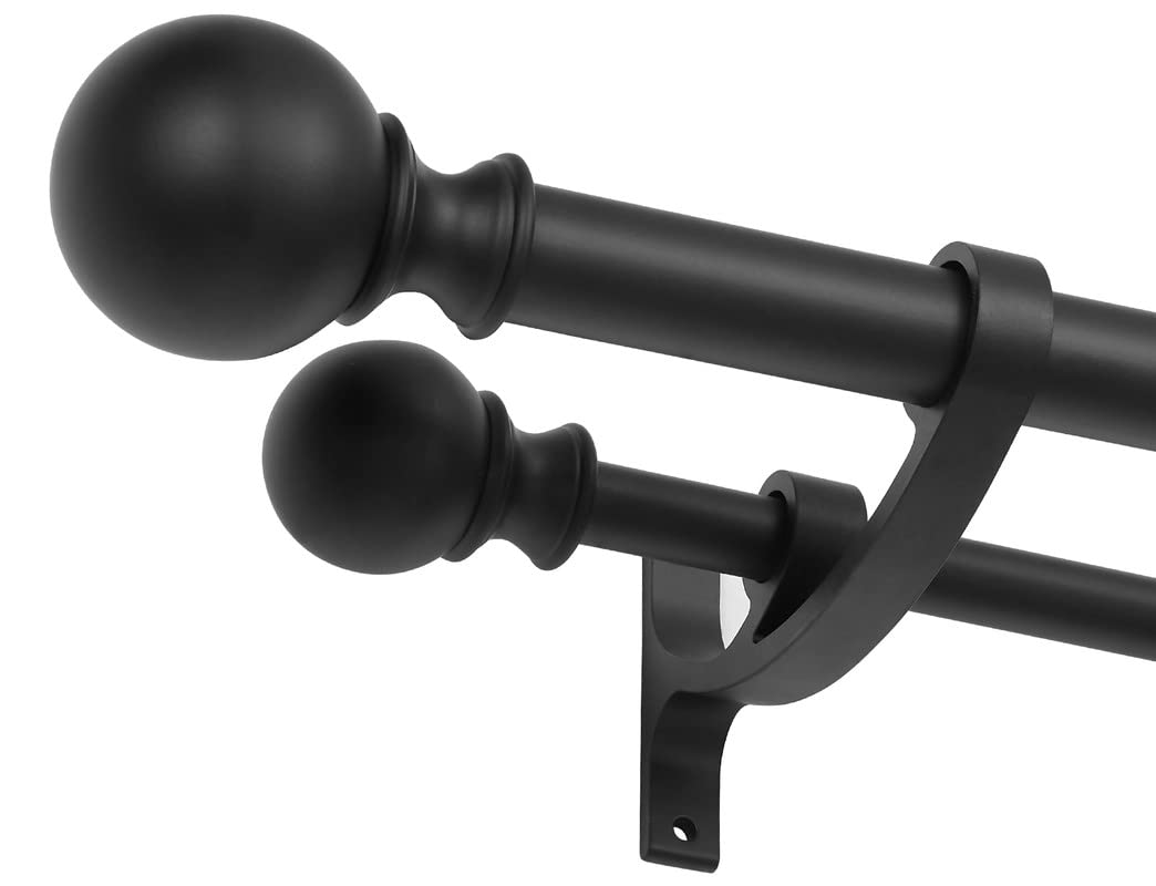 Photo 1 of ?Matte Black Double Curtain Rods for Window 28-48 Inches, Decorative Double Drapery Rod with Round Finials, 1-Inch Front and 5/8 Inch Back Dual Rod
