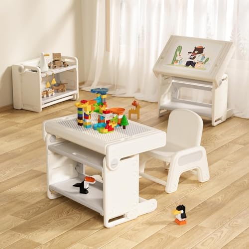 Kids Multifunctional Activity Table and Chair Set, White, Folding Design with Building Block Surface, Drawing Board, Storage Shelves, for Creative Play and Learning (Beige- B1)