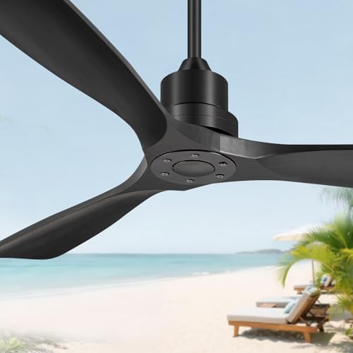 Forrovenco Ceiling Fan without Light 132 cm, Ceiling Fan with Remote Control, Outdoor Ceiling Fans, 3 Wooden Blades, 3 Extensions, 6 Levels, Reversible DC Motor, 132 cm, Black Without Light