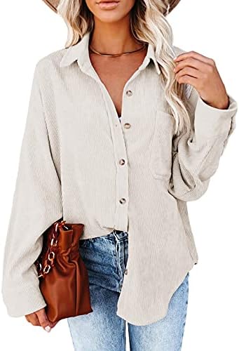 Womens Corduroy Shirts Casual Long Sleeve Button Down Blouses Tops