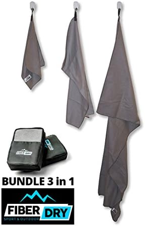 Microfiber Towel Set (3 in 1) incl. Large 24"x12" Body Towel + 2 Smaller, Quick Dry, Antibacterial, Ultra Absorbent, Fast Drying Towels, Excellent Camping Towels,, Grey