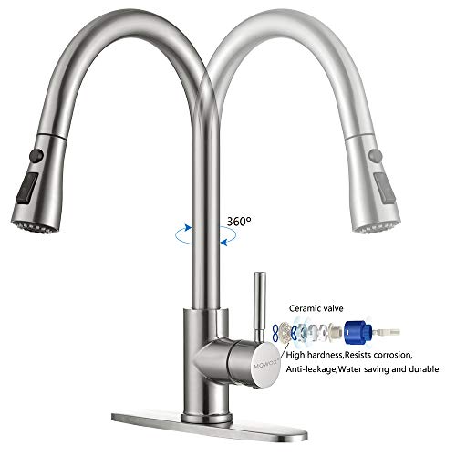 Kitchen Faucet Single Handle Brushed Nickel with Pull Down Sprayer, Commercial High Arc Pull Out