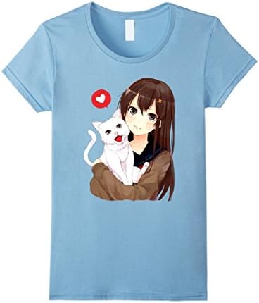 Women's Anime Cat Girl T Shirt, Manga Cute, Medium Baby Blue
