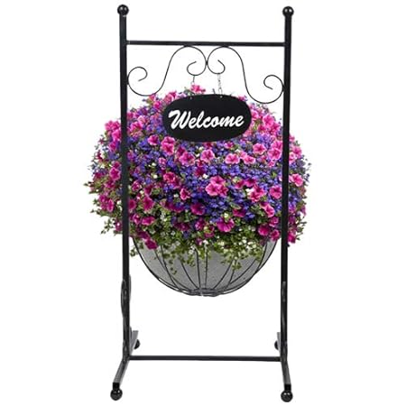 Kraft Seeds Presents Metal Welcome Planter Stand with Semi Spherical Hanging Metal Pot for Lawn and Garden Use