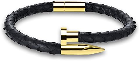 MAGENA Genuine Python Leather Bracelet For Men Black Stainless Steel Gold Nail 18K Plated (8 inch)