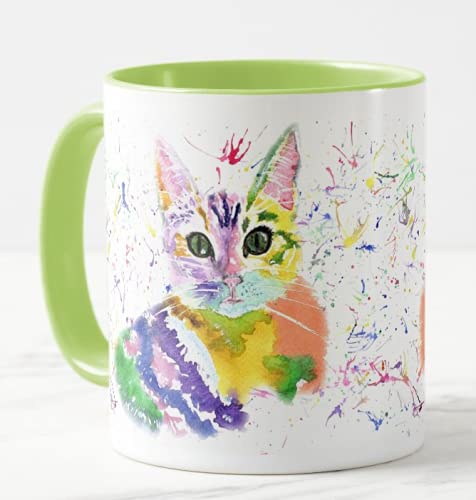 Vixar Kitten Cat Watercolour Rainbow Art Coloured Mug Cup, Gift, Birthday, Work, Office, Christmas Tea Coffee (L Green)