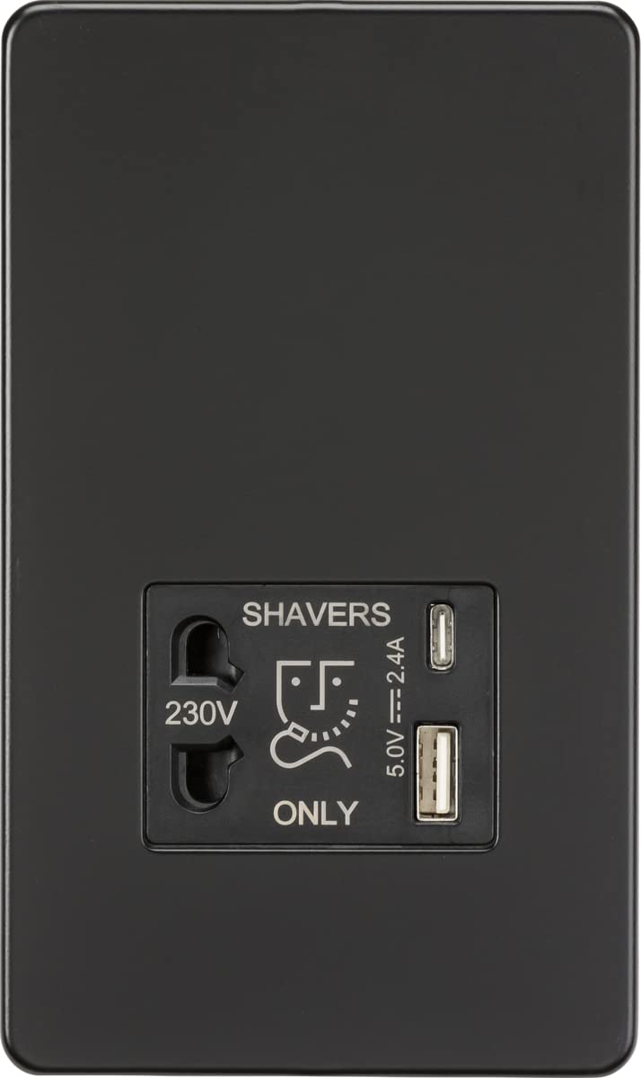 Knightsbridge Screwless Shaver socket with dual USB A+C (5V DC 2.4A shared) - matt black — image 1