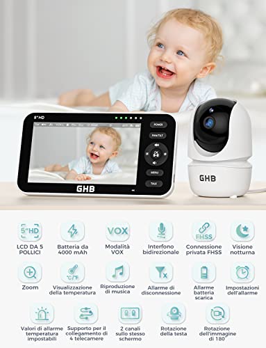 GHB Baby Monitor Video and Audio Camcorder 5 Inch Screen, 168 Hours of Autonomy, 350°/110°, Two-Way Communication, VOX Night Vision Vision Temperature Monitor, Lullabies