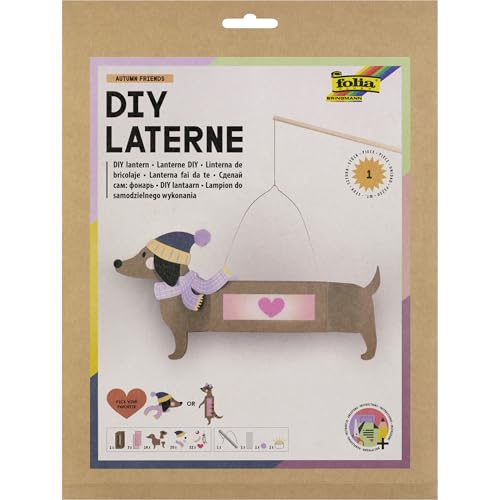 folia 94303 - Lanterne DIY AUTUMN FRIENDS, env. 8 x 45,5 x 8 cm - Kit de bricolage lanterne personnalisable en teckel ou en suricate, avec lumière LED, 2 piles et patch adhésif
