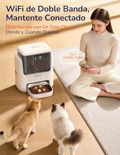 PalNests Comedero Gato Automatico, 5L Doble Tolva Dispensador Comida Gatos/Perros, 2.4G/5G WiFi, App Control, 10 Comidas por Día, Liofilizados Compatibles, Control de Porciones, Cuenco de Acero INOX
