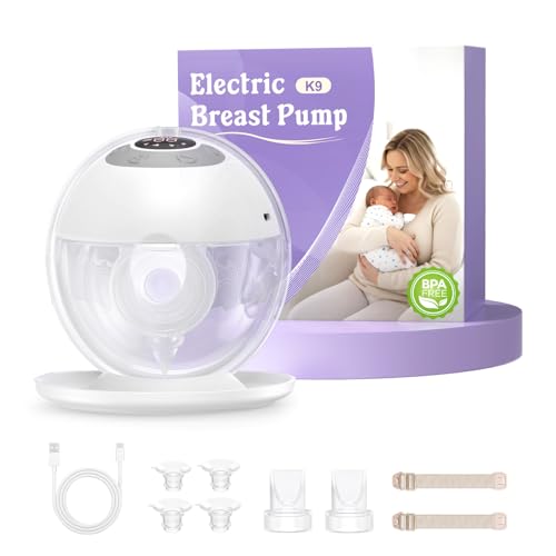 Haokoo K9 Portable Hands Free Electric Breast Pump with Dust-Proof Cap, Silent and Leak-Proof, Powerful Suction, 4 Modes 12 Levels, Nipples 17/19/21/24/27 mm (1 Unit)
