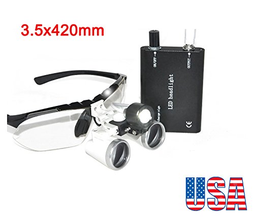 Zinnor 3.5x 420mm Dental Surgical Medical Binocular Loupe Optical Glass Loupe + LED Head Light Lamp - Shipping from USA (Black)