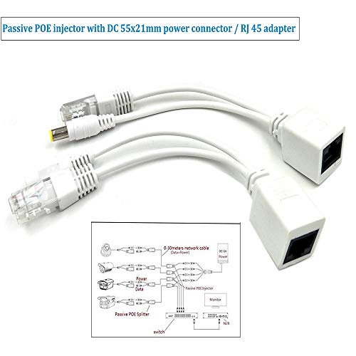 Poyiccot 1 Pair Passive PoE Injector and PoE Splitter Kit with 5.5x2.1 mm DC Power Adaptor Connector (White)