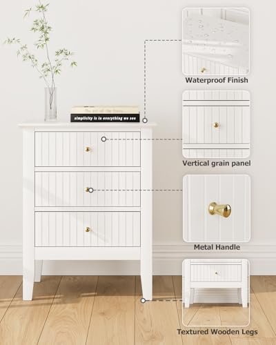 HEYZOEY Bedside Table with 3 Drawers, Vintage Bedside Cabinet, Wooden Side Table with Storage, Retro End Table for Bedroom, Living Room and Home Office(white, 17.8 x 13.3 x 24 in)