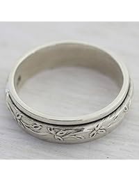NOVICA Anillo giratorio de meditación de plata de ley 925, diseño floral