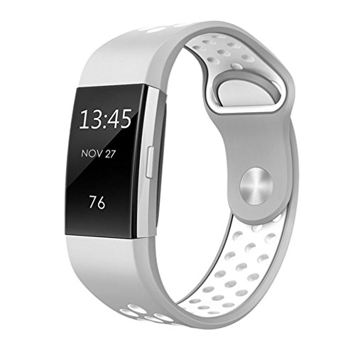 for Fitbit Charge 2 Fashion Double Color Sports Straps Soft Silicone Replacement Wristband(Medium) (Silver)