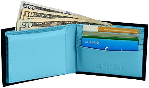 Men's High Quality 100% Genuine Leather Bifold Wallet - Anti Scan Identity Protection RFID Blocking Security - High Capacity - luxury &amp; Lasting - Wallets For Men by Pessal / Blue