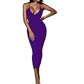 PRIMODA Women's Sexy Neon Asymmetrical Spaghetti Strap Dress Deep V-Neck Sleeveless Bodycon Midi Club Dress