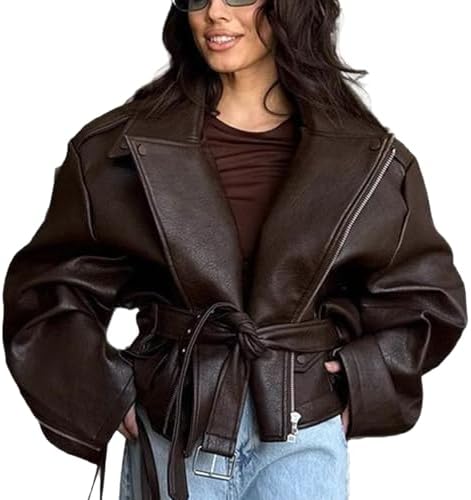 THLAI Womens Faux Suede Retro Jacket Long Sleeve Collar Moto Y2k