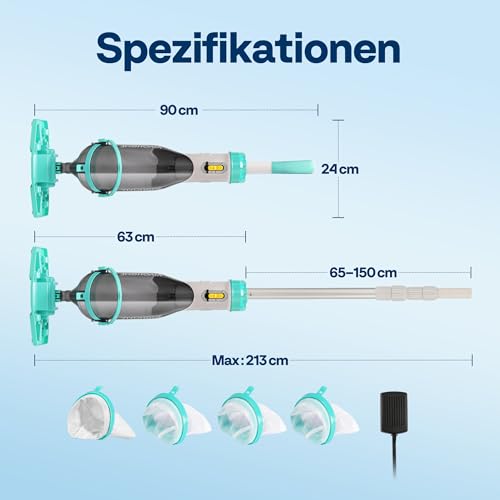 VIVOHOME 213 cm Wireless Pool Vacuum Cleaner Extraction up to 70 LPM Portable Pool Cleaner with 4 Filter Bags for Pool Hot Tubs Swimming Pool and Spa