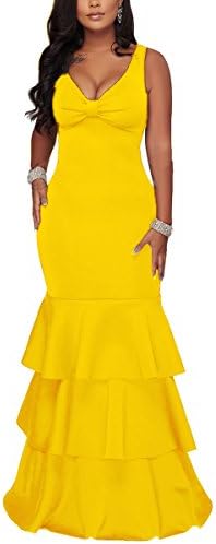 Yiershu Women's Sexy V-Neck Elegant Ruffles Outfits Casual Bodycon Sleeveness Cocktail Maxi Party Dress