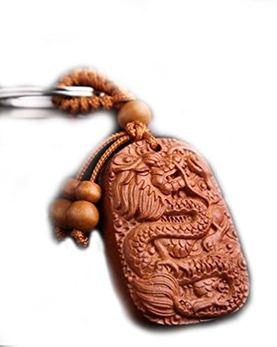 Keep Safe Chinese Carving Dragon Wooden Auspicious Key Chain Key Ring for Cars Bags Decoration