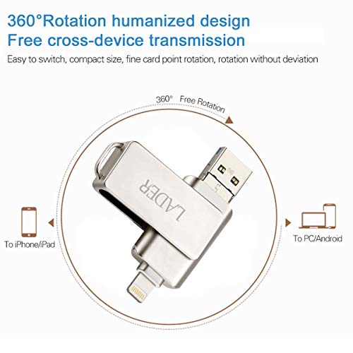 USB Flash Drives for iPhone 128GB [3-in-1] OTG Jump Drive, LADER Thumb Drives External Micro USB Memory Storage Pen Drive, USB Flash Memory Stick for iPhone, iPad, iOS, Android, PC (128GB, Silver) - Thumbnail 2