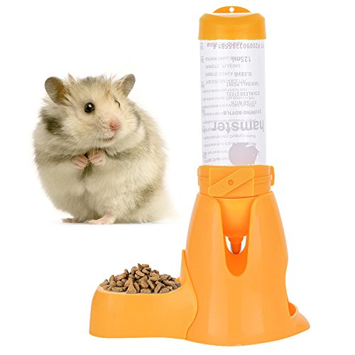 125ml Pet Water Bottle,Pet Drinking Bottle with Food Container Base Hut for Hamsters Small Animals Hanging Water Feeding Bottles Auto Dispenser (Yellow)