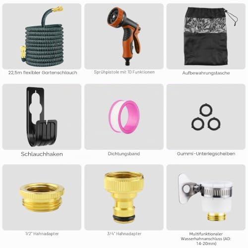 Homvvi Flexible Garden Hose 74 ft/22.5 m - Durable Water Hose Flexible with 10 Function Garden Shower, 1/2 Inch, 3/4 Inch Hose Adapter, Garden Hose for Car Washing, Garden, Pet