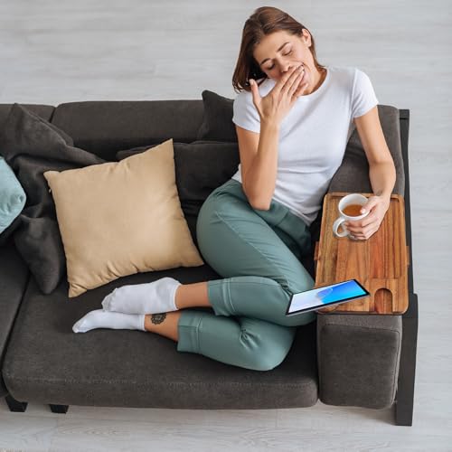 Comfoyar Sofa Arm Tray, Wooden Table Armrest Clip Sofa with Wine Glasses Holder, Folding Sofa Table with Phone Holder Rotatable 360°, Sofa Tray for Appetizers Drinks Remote Control