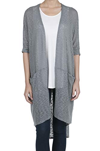 9016 Women's Short Sleeve Open Front High Low Lightweight Long Cardigan Steel Grey M - Thumbnail 4