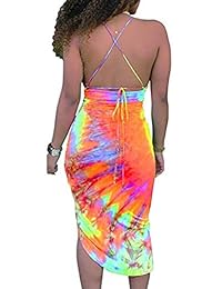HARMO Mujer Sexy Tie Dye Cuello en V profundo Vestidos estampados multicolores Vestido sin respaldo Club Verano