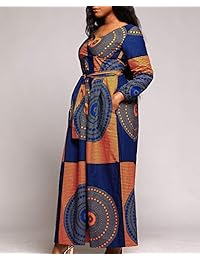 Verwin - Vestido de noche con cuello en V y cintura alta, estampado africano