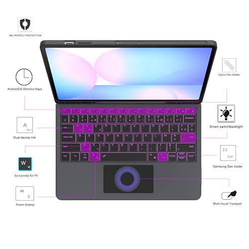 Keyboard Case for Samsung Galaxy Tab S10 FE+ Plus 13.1 Inches: 7 Colour Backlit Magnetic Detachable Keyboard with Trackpad | Azerty French Wireless Keyboards for Galaxy Tablet S10 Fe+ 13.1