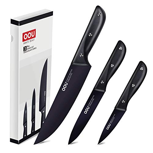OOU 3 Piece Knife Set, Stainless Steel Chef Knife Set Gift Boxed, Patent BO Oxidation Anti-rusting and Non-slip, Ultra Sharp Full Tang Blade & Ergonomic Handle, Black Chef Series