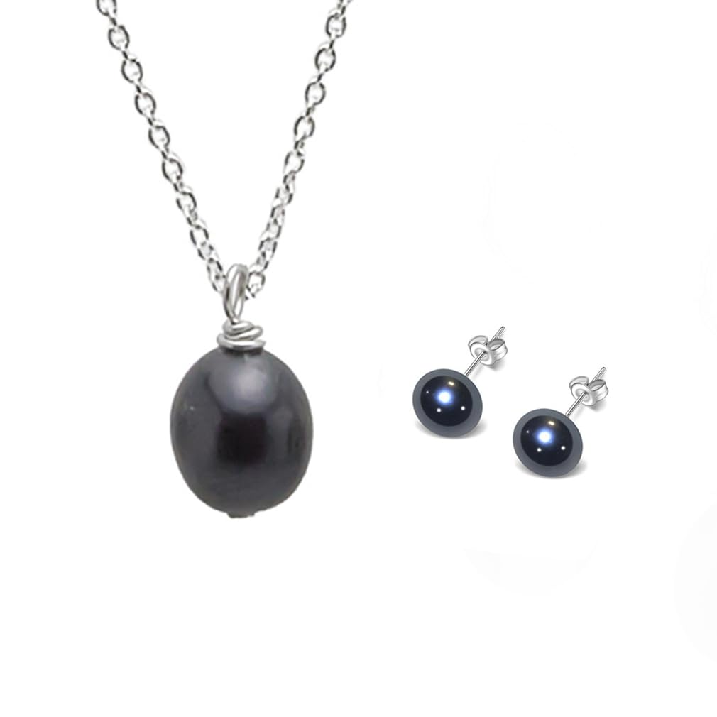 Treasure Bay Women's Pearl Jewellery Set Classic AA Grade 8-9mm Freshwater Pearl Necklace and Earrings Jewellery Set For Women Ladies and Girls Colour: White Grey Pink Black (Black)