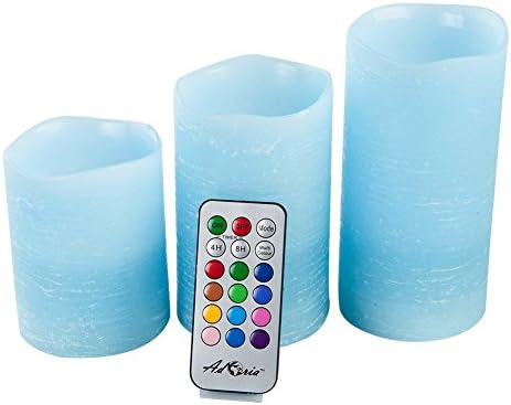 Remote control color changing candle light, flameless flickering and frosted pillar wax battery operated led candle with timer, blue color, set of 3