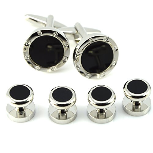 Okones Round Screw Cap Onyx Tuxedo Cufflinks and 5pcs Studs Set for Tuxedo Cuff Shirt With a Gift Box