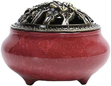 Incense Burner with Brass Calabash Incense Stick Holder - Porcelain Decorated Charcoal Censer for Use with Resin Granular Powder Cone or Coil Incense- Ceramic Ash Catcher Tray Bowl(red)