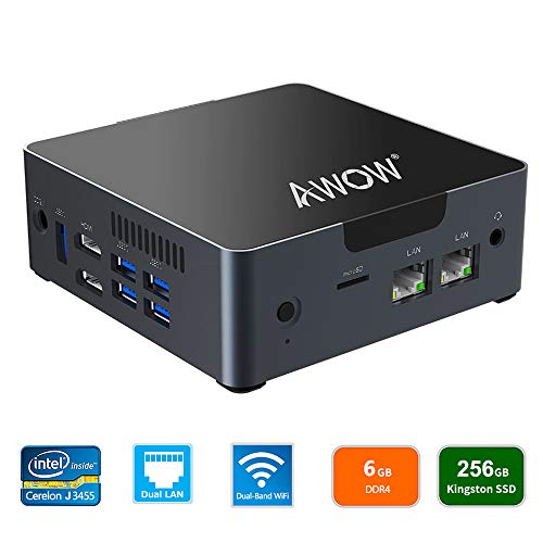 AWOW AK34 Mini PC, Mini Desktop Computer, Intel Celeron Quad Core J3455, 6GB DDR4,256GB SATA SSD, Windows 10,Dual Gigabit Ethernet NIC, Dual HDMI, 5X USB3.0, 4K UHD, Bluetooth