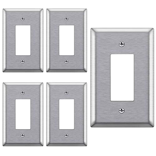 [5 Pack] BESTTEN 1-Gang Over-Measurement Decorator Receptacle Steel Wall Plate, Stainless Metal Outlet Cowl, Sturdy Corrosion Resistant, Silver, UL Listed