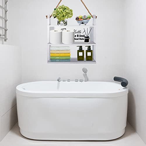 Over The Toilet Storage Shelf, Bathroom Rope Hanging Ladder Shelf 3 Tier Rustic Wall Mounted Farmhouse Wooden Shelves for Toilet Paper Holder Storage, Bottles Organizer, Restroom Decor (seat)