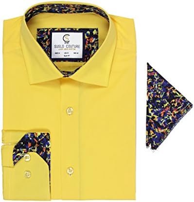Suslo Couture Men's Slim Fit Solid Strech Button Down With A Mataching Hanki