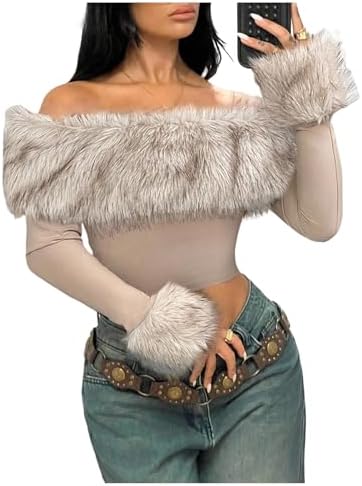 MakeMeChic Women's Faux Fur Crop Tops Bell Sleeve Off Shoulder