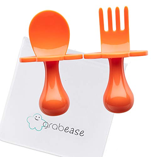 GRABEASE First Self Feed Baby Utensils - Anti-Choke, BPA-Free Baby Spoon and Fork Toddler Utensils with Pouch Set - Toddler Silverware for Baby Led Weaning Ages 6 Months+, Orange