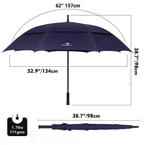 Procella Golf Umbrella Windproof Waterproof - 62 Inch Large Automatic Open Rain & Wind Resistant Vented Double Canopy - Best Golf-Sized Stick Umbrellas for Men and Women (Navy Blue)
